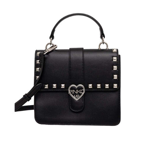 Borsa nera a tracolla con patta e borchie, chiusura con logo cuore