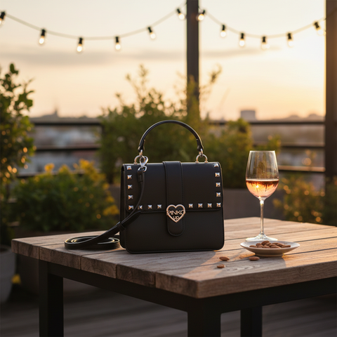 Borsa nera con manico corto ad arco e tracolla, borchie decorative