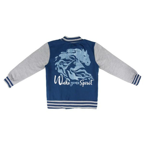 Felpa blu bambina con stampa sul retro e orlo a righe grigie