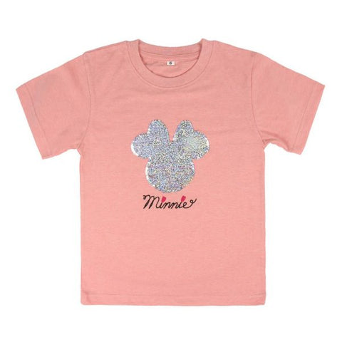 T-shirt bambina rosa Minnie con paillettes argento sul davanti