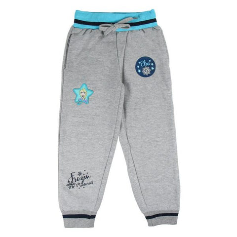 Pantaloni felpati grigi Disney Frozen con elastico azzurro e coulisse, stampa Elsa