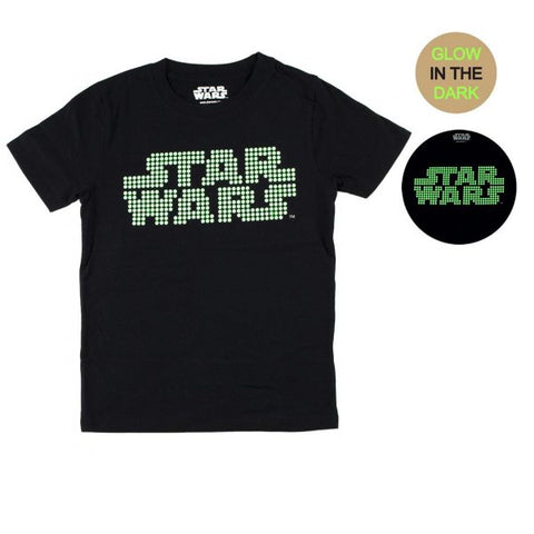 T-shirt nera con scritta pixel verde Star Wars che si illumina al buio