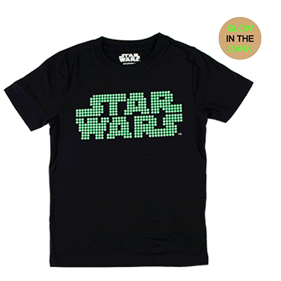 T-shirt nera Star Wars con logo pixel verde luminiscente sul davanti
