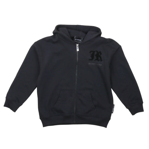 Felpa con cappuccio in felpa nera, zip frontale e logo sul petto