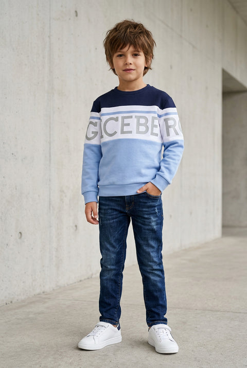 Felpa girocollo blu e azzurro con maxi logo ICEBERG e righe sulle maniche