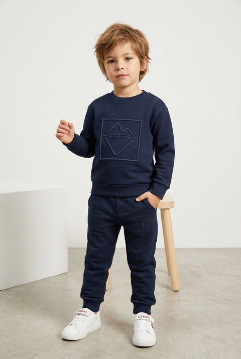 Felpa girocollo oversize blu con logo frontale a riquadro, maniche lunghe