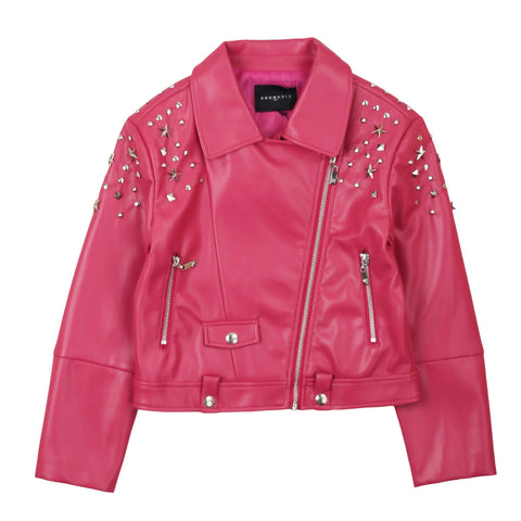 Giacca biker in pelle rosa fucsia con zip centrale e borchie a stelle