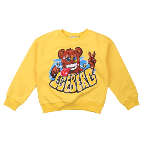 Felpa girocollo oversize gialla con grafica orsetto e logo frontale