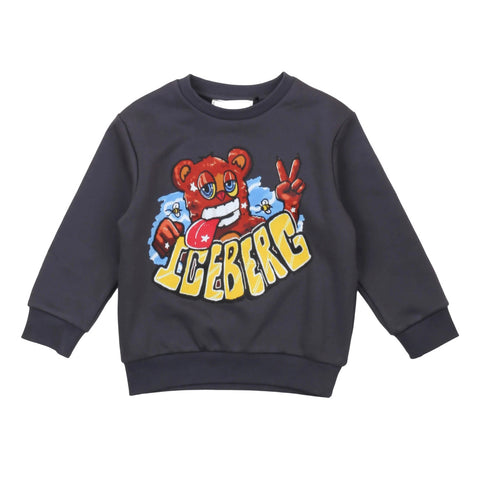Felpa girocollo bambino blu scuro con grafica orsetto e logo frontale