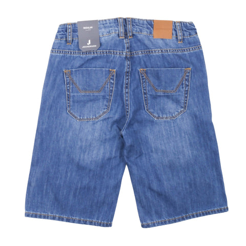 Bermuda jeans bambino azzurri con tasche applicate e passanti posteriori