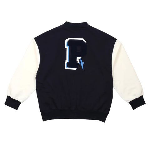 Felpa con zip blu navy, maniche bianche, stampa logo sul retro