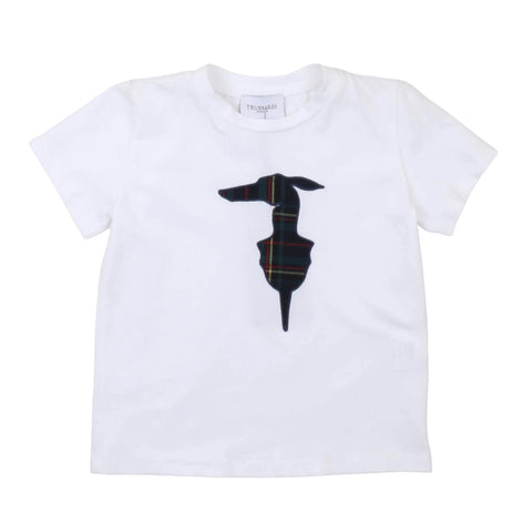 Maglietta bianca con stampa frontale a sagoma tartan e logo sul collo