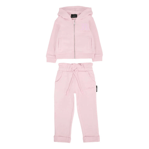Completo per neonata rosa: felpa con cappuccio e zip, tasche frontali e pantaloni con coulisse.