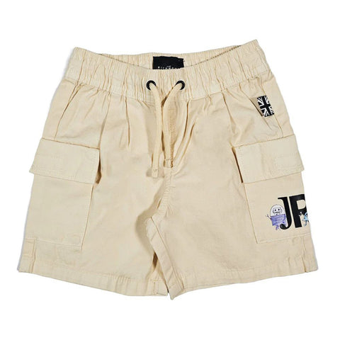 Bermuda beige neonato con vita elasticizzata e coulisse, tasche laterali con patch