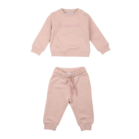 Completo felpa e pantaloni neonata rosa cipria: girocollo con stampa, polsini elasticizzati