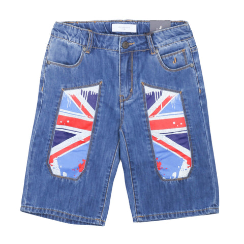 Bermuda jeans bambino azzurri con toppa stampata bandiera su entrambe le gambe