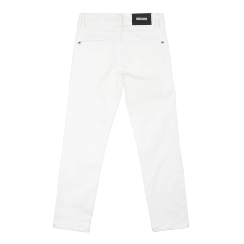 Pantaloni jeans bianchi bambino, passanti e tasche anteriori, etichetta in vita