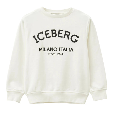 Felpa bianca bambino con logo ICEBERG e scritta Milano Italia sul davanti
