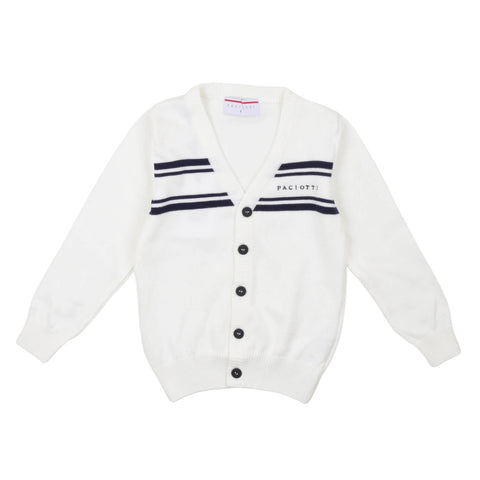 Cardigan in maglia panna con bottoni e righe blu sul davanti