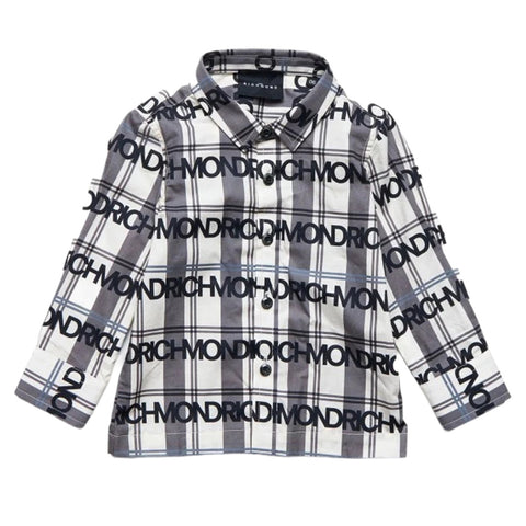 Camicia a maniche lunghe a quadri bianco e blu con logo all-over e bottoni frontali