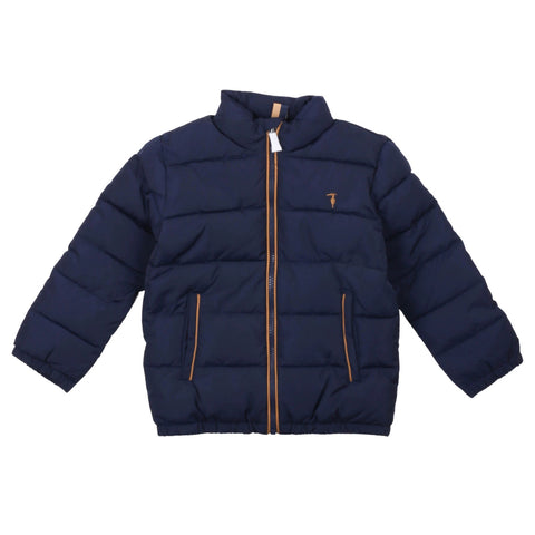 Piumino imbottito blu navy con zip frontale e bordi arancioni, tasche laterali