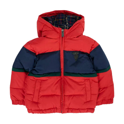 Piumino Trussardi rosso/blu con cappuccio e zip frontale, fascia verde, trapuntatura imbottita