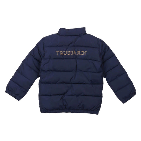 Piumino imbottito blu navy con logo TRUSSARDI sul retro, zip e collo alto
