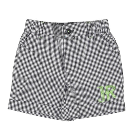 Pantaloncini neonato a quadretti con bottone e tasca, patch logo verde