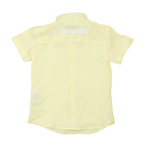 Camicia gialla paciotti, retro con stampa scritta, maniche corte e colletto