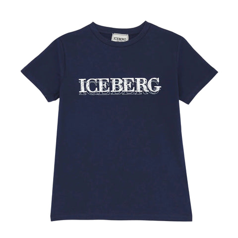 T-shirt Iceberg blu navy bambino con logo frontale bianco