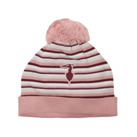 Cappello da neonata rosa in maglia a righe con pompon e logo frontale