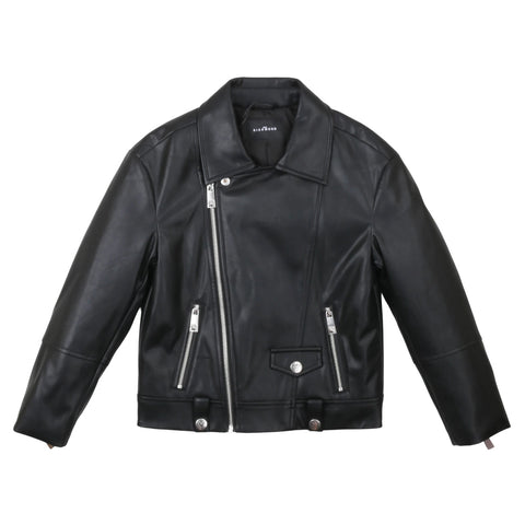 Giacca in pelle nera con zip frontale, collo rialzato e tasche con zip