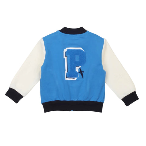 Felpa con zip neonato azzurra, grafica sul retro, maniche bianche e polsini neri