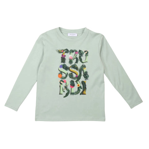 Maglietta verde chiaro a maniche lunghe con stampa floreale multicolore frontale