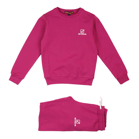 Felpa bimba fucsia maniche lunghe con logo givova, pantaloni sportivi fucsia con elastico