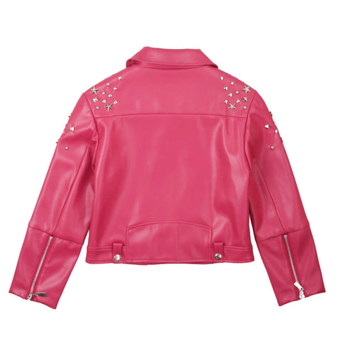 Giacca biker rosa fucsia con zip e stelle decorative sul retro