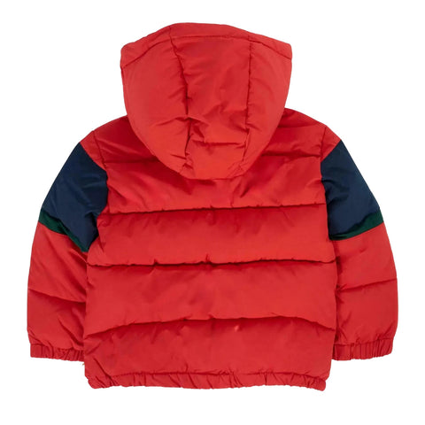 Piumino Trussardi rosso/blu con cappuccio e zip, color block e bande verde sul retro