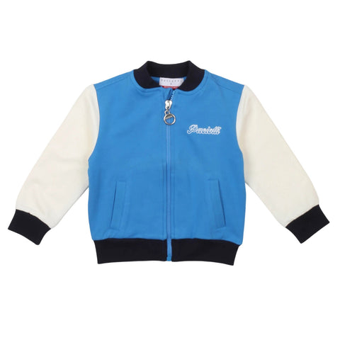 Felpa con zip neonato azzurra, maniche bianche, logo Paciotti sul petto