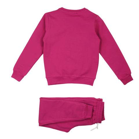 Felpa bimba fucsia con scollo posteriore e pantaloni tuta fucsia elastici