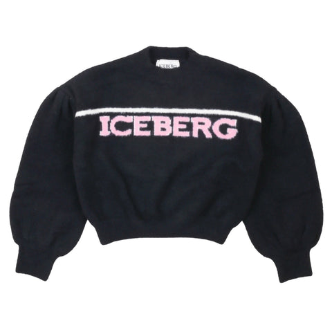 Maglione Iceberg nero con logo frontale a righe bianche e rosa