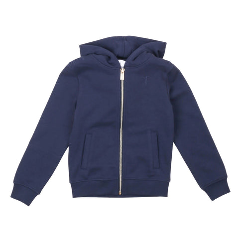 Felpa con zip blu navy per bambina, cappuccio e tasche frontali