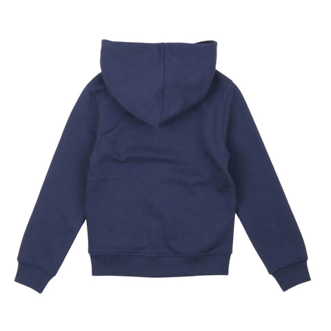 Felpa con zip blu navy per bambina, cappuccio e parte posteriore con cappuccio