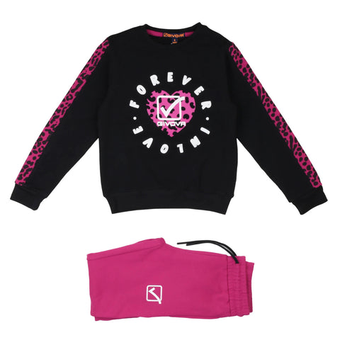 Completo felpa nera con stampa e maniche fucsia, con pantaloni fucsia