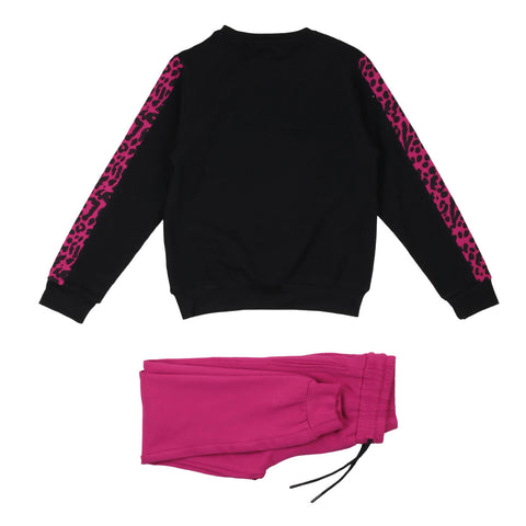 Completo felpa nera con maniche fucsia e pantaloni fucsia con laccetti